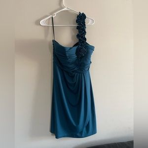 🌟 Enfocus Studio Size 14 Dress One Shoulder Draped Knee Length Ruffle  Peacock